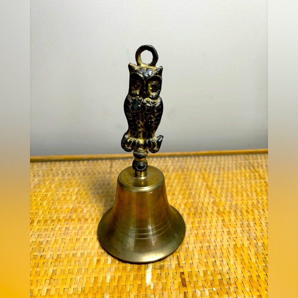Vintage Antique Solid Brass Figural Owl Bird Lunch Bell measures 6.5β tall